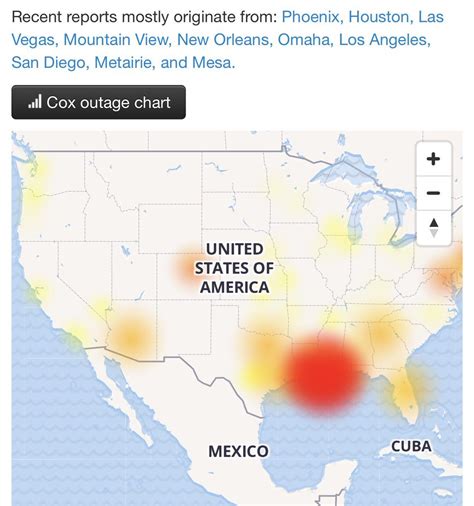 An <strong>outage</strong> is declared when the number of reports exceeds the baseline, represented by the red line. . Is there a cox outage